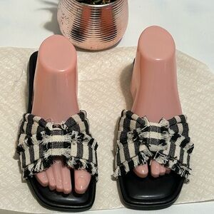 Marc Fisher Black and White Striped Bow Sandals